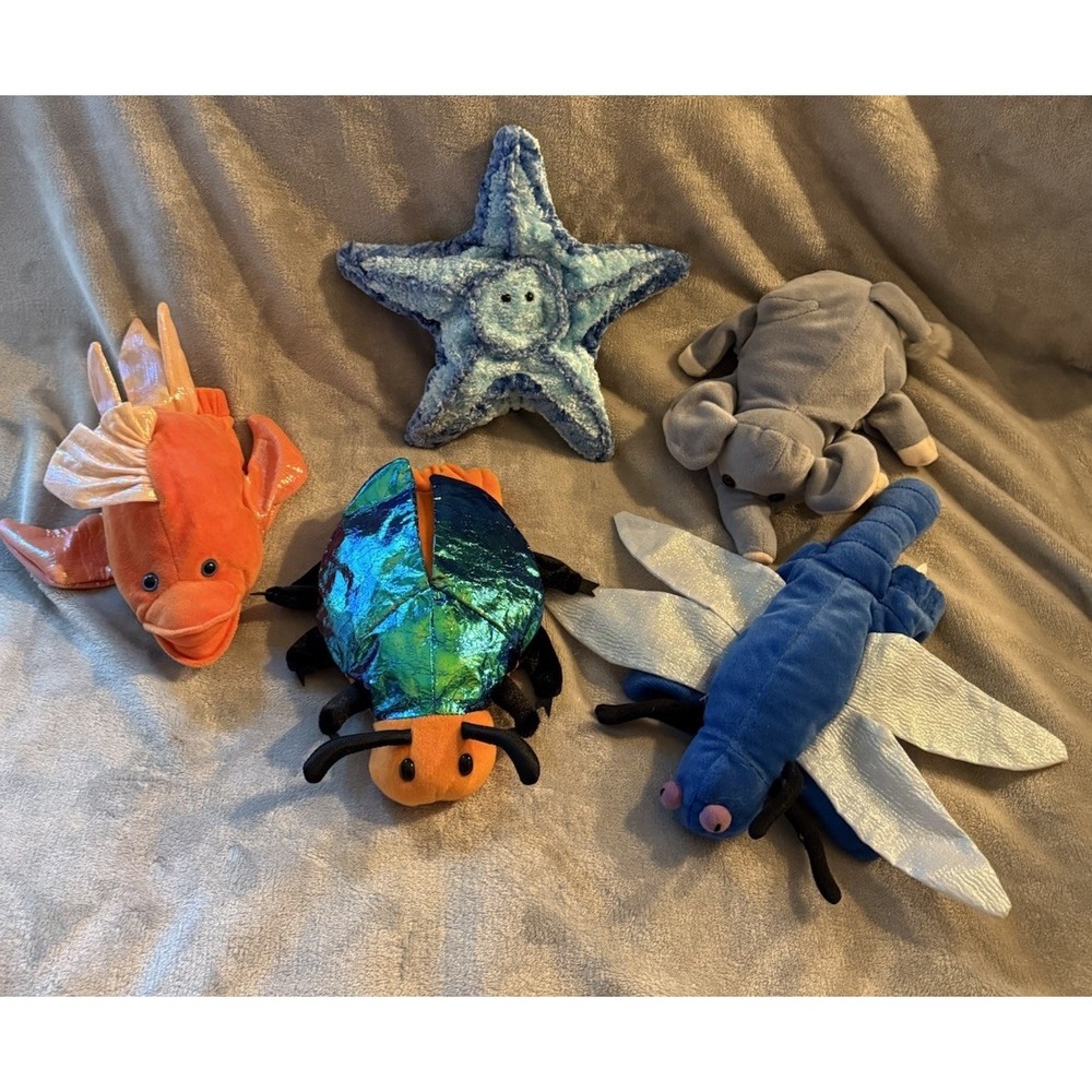 Caltoy Hand Puppets Lot 5 Animals Plush Fish Dragonfly Elephant Beetle Starfish